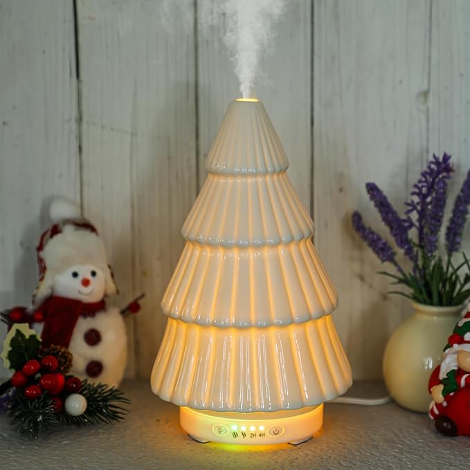 Christmas Essential Oil Diffuser Gifts Ceramic 120ml Christmas Tree Diffuser for Essential Oil Cute Small Aromatherapy Humidifier for Home Office Holiday Decorations(White)