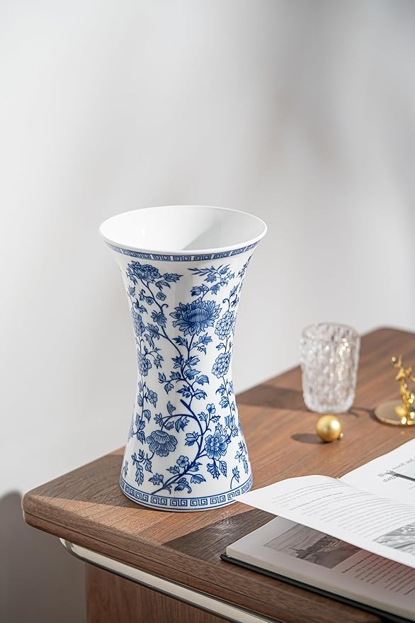 Modern Blue and White Porcelain Vase - Chinoiserie Ginger Jar for Home Decor, Floral Arrangement, 11-Inch Height Handcrafted Ceramic Vase