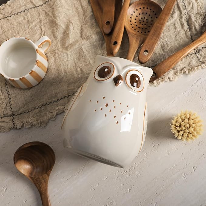 SOCOSY Owl Ceramic Kitchen Utensil Holder For Countertop, Cooking Utensil Crock Holder Spatula Holder