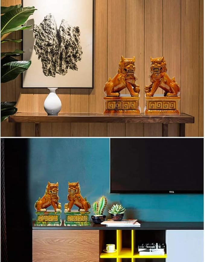 Handcrafted Ceramic Feng Shui Foo Dog Statues Pair Asian Guardian Lions for Office, Home, Housewarming, and Store Opening Gifts Traditional Chinese Decor,Yellow,9.84 * 15.35in