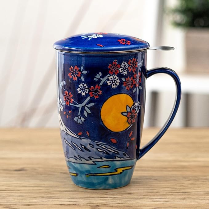 Urban Tokyo Tea Mug With Lid and Stainless Steel Infuser For Loose Leaf Tea Bag Tea Cup 15oz Porcelain Hot Beverage Everyday Use Home Office (Fuji Mountain)