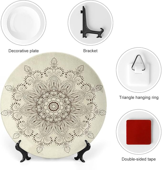 XISUNYA 6 Inch Decorative Plate, Lotus Dinner Plate, Arabesque Mandala Ritual Symbol Print Ornament Display Plate Decor Accessory for Dining, Parties, Wedding, Seal Brown Cream