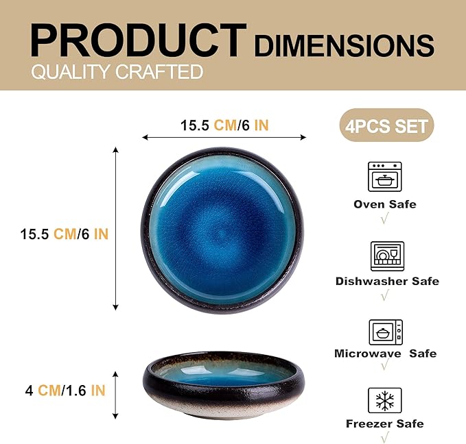 Ceramic Dessert Plates Set of 4, 6 Inch Small Appetizer Plates Set, Stoneware Mini Plate Set for 4, Handmade Round Dishes for Home Decor, Microwave,Oven,and Dishwasher Safe, Blue