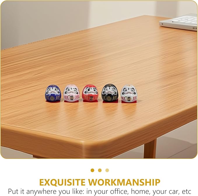 5pcs Japanese Ceramic Lucky Dolls Miniature Figurines Small Dashboard Statues for Car and Home Decoration 4.7cm Sculptures Asian Collectible Ornaments