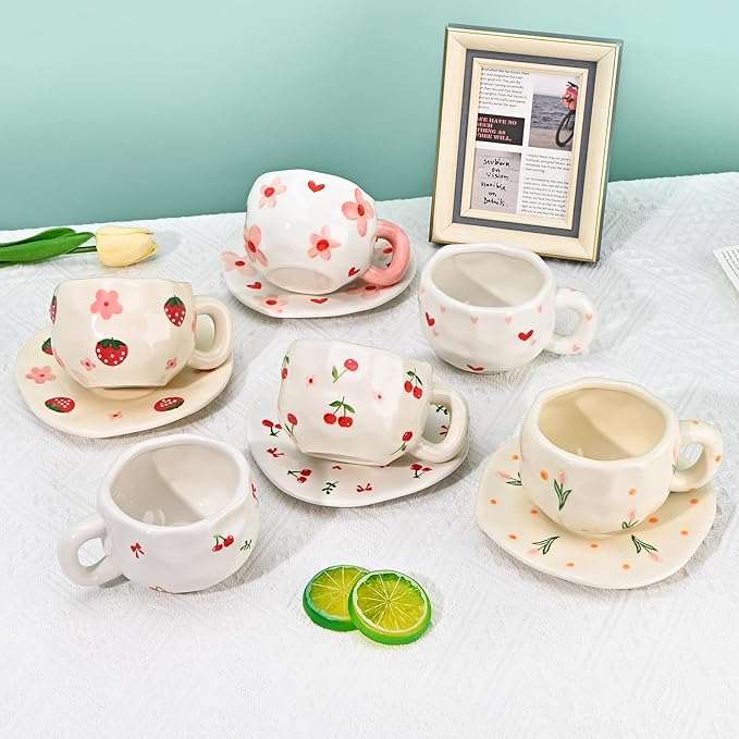 Koythin Ceramic Coffee Mug with Saucer Set, Cute Creative Cherry Bow Cup Unique Irregular Design for Office and Home, 10 oz/300 ml for Latte Tea Milk