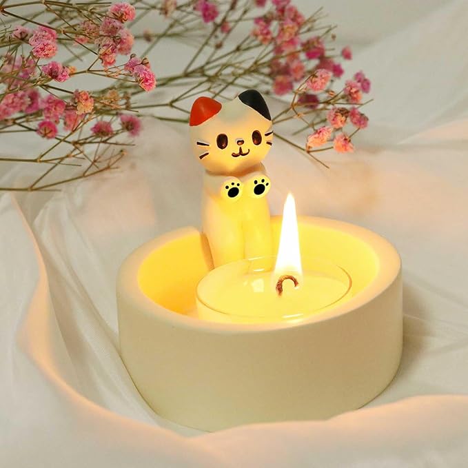 Cartoon Kitten Candle Holder,Handmade Ceramic Candlestick,Kitten Warming Its Paws Cute Scented Light Holder Candle Sticks Holder Decor,Cute Home Decor Gift for Cats Lovers-Colorful