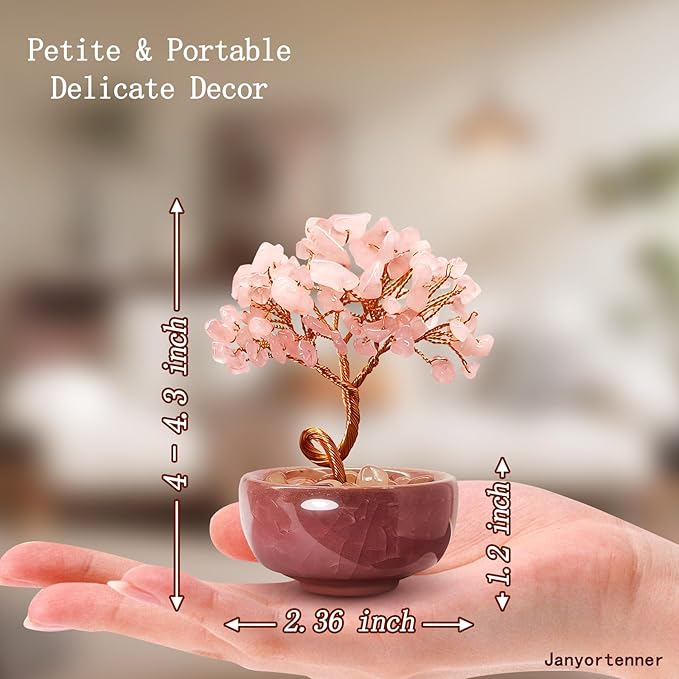 Rose Quartz Crystal Tree,Romantic Office Desk Bedroom Decor,Handmade Copper Wire in Crackle Ceramic Base,Spiritual Gift for Her