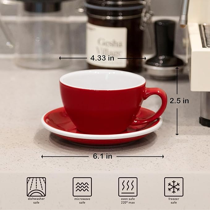 Loveramics Latte Art Mug with Saucer, 10 oz Ceramic Coffee cups with Round Bottom for Latte, Cappuccino, Tea, Espresso, Thick-walled Stoneware Cup Set for Barista - Regular Colours (Red, 10OZ)