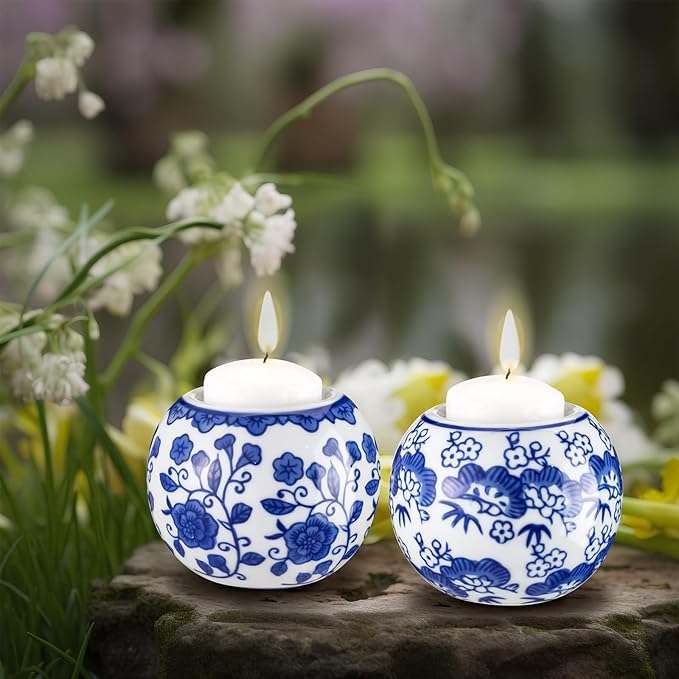 Soaoo 2 Pack Blue and White Candle Holders Chinoiserie Decor Porcelain Tealight Candleholders Votive Candle Holders for Holiday, Wedding, Party Table Centerpiece Home Decor, 1.85 x 2.75