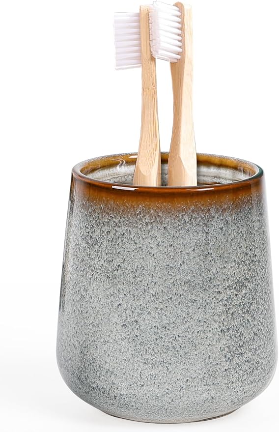 INGOFIN Ceramic Toothbrush Holder, 12 oz Toothpaste Holder Bathroom Cup, Tooth Brush Holder for Vanity Countertop, Organizer Storage for Cosmetic, Makeup, Office Pencils, Kiln-Glazed Grey White