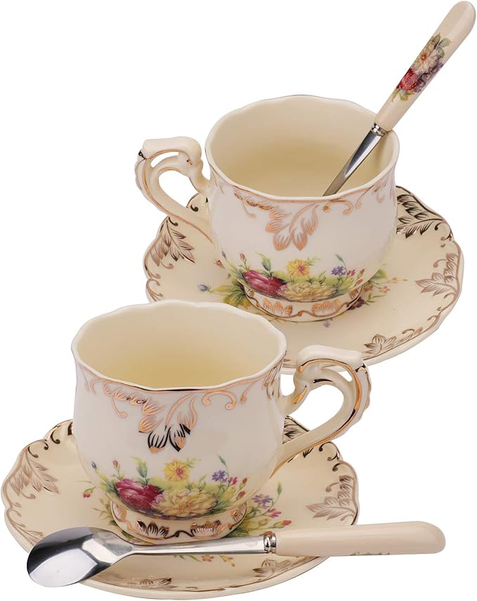 Foraineam Set of 2 Tea Cup and Saucer, 8 oz. Flowering Shrubs Ivory Ceramic Coffee Cup Fancy Floral Porcelain Tea Cup Set with Saucer and Spoon