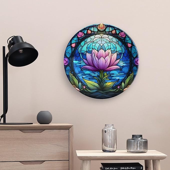 Decorative Plates, Purple Lotus Lake Landscape Stained Glass Painting Ceramic Dinner Plate Home Wobble-Plate w/ Display Stand, Wall Hanging Decor for Kitchen Household 10 Inch, Gifts for Lotus Lover