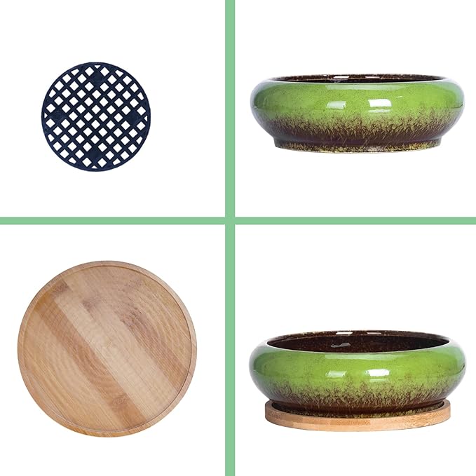 Succulent Planters, Large Succulent Pots with Drainage Bamboo Trays Colorful Bonsai Pots with Stand Ceramic Flower Pot Set of 2, Round Cactus Pot for Indoor Plants (7.3 and 10'')