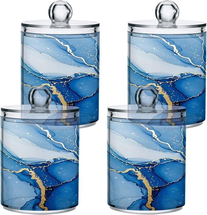 MNSRUU 2 Pack Qtip Holder Organizer Dispenser Blue White Marble Wave Bathroom Storage Canister Cotton Ball Holder Bathroom Containers for Cotton Swabs/Pads/Floss