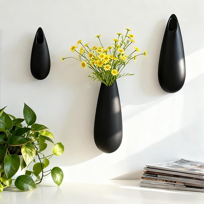 Sculptural Wall Ceramic Vase — 3 Pack Black Hanging Sconce Vase | Turn Flowers into Art — Decorative Ceramic Wall Sconce for Single Stem Displays