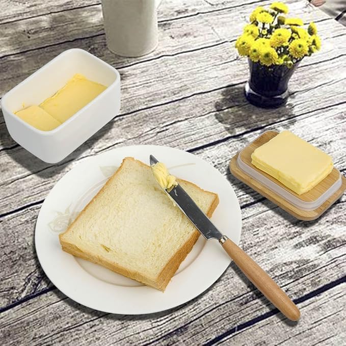 Porcelain Butter Dish with Bamboo Lid, Ceramic Butter Keeper Container for Countertop or Refrigerator, Heat Resistant Kitchen Butter Storage Dish, White (300ml)