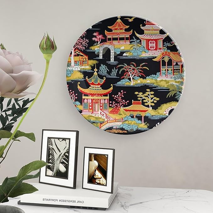 China Plates Chinoiserie Charcoal Coral Pagoda Asian Customize Decor for Wedding Farmhouse Art Decoration Kitchen Blue And White Plates with Vertical Stand, Multi Sizes, Gifts for Men Women