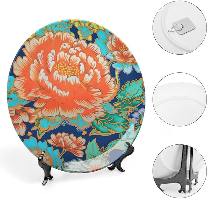 Chinoiserie Peony Floral Plates Ceramic for Display Chinoiserie Peony Floral Household Table Supplies Farmhouse Festival Holiday Party Decorations Custom Gifts for Men Women Wedding, 6", 7", 9", 10"