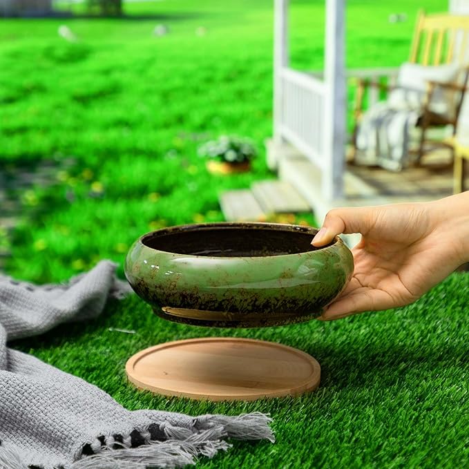 2 Pack 7.3 Inch Round Large Shallow Succulent Ceramic Planter Pots with Drainage Hole Drip Glazed Shallow Bonsai Pot with Bamboo Tray for Indoor Outdoor Plants Decor Cactus Flower
