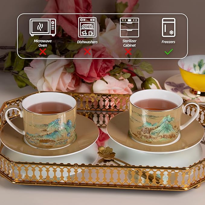 KAMMAK Tea Cups and Saucers Set of 2, Fine Bone China Coffee Cups, Stackable Espresso Mugs, Ceramic Demitasse for Coffee, Cappuccino, Latte, Americano, Tea, Large - River and Mountains