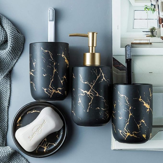 YYW Bathroom Accessory Set Ceramics Bathroom Set Accessories Complete Set Vanity Countertop Accessory Set Includes Soap Dish Lotion Dispenser Tumblers (Black（Four Piece）)