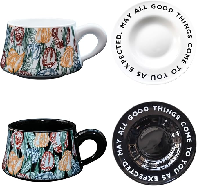Tea Cup and Saucer Set of 2,Bone China Tulip Ceramic Coffee Cup Gift Set with Box，Latte Mug for Mother's Day Gifts（8.95 oz）