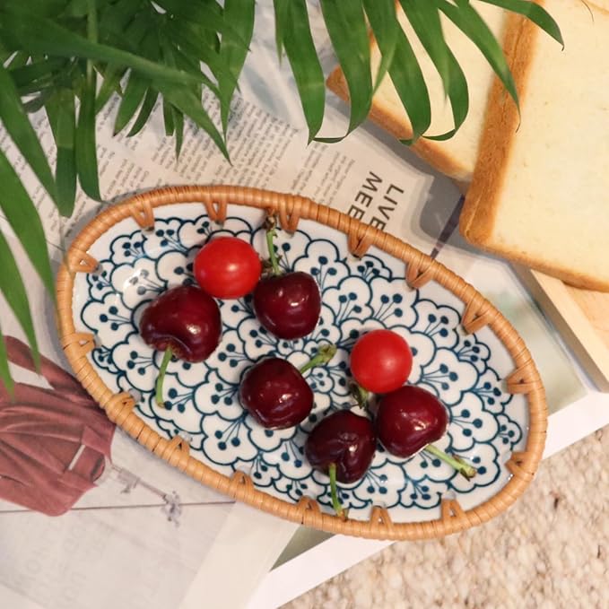 Rattan Ceramic Tray, Oval Fruit/Bread/Cookie/Jewelry Small Storage Porcelain Serving Plate, Vintage Decorative Display Plate for Coffee Table Home Decor Wedding Party Gift （Cyan Cloud）