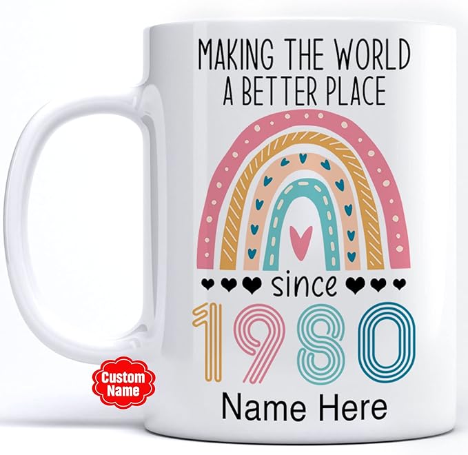 PREZZY Vintage 43rd Birthday Mug Gifts for Women Men Making the World a Better Place Since 1980 Boho Rainbow Turning 43 Years Old Birthday Decorations Personalized Mugs Novelty Coffee Cup 11oz 15oz