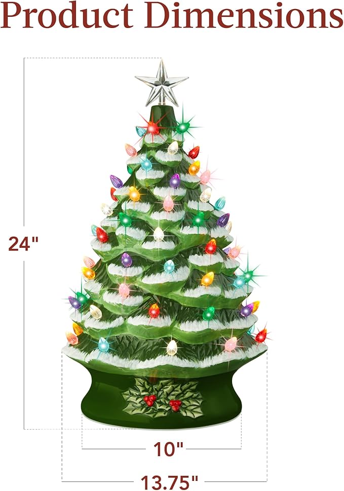 Best Choice Product 24in Extra Large Ceramic Christmas Tree, Pre-Lit Hand-Painted Tabletop XL Indoor Holiday Tree, 74 Multocolor Bulbs, LED Lights - Flocked/Green