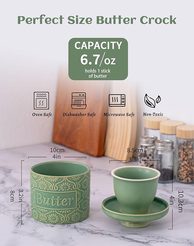 TEATALK Ceramic French Butter Crock - Vintage Relief Pattern Butter Keeper with Water Seal, 6.7oz Green Butter Dish for Fresh Spreadable Butter, Farmhouse Kitchen Decor & Gift