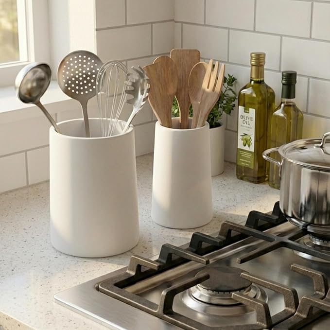 Utensil Holder – 7" Tall x 5.2" Diameter Kitchen Utensil Organizer for Countertop (Matte White, 2 Pack)