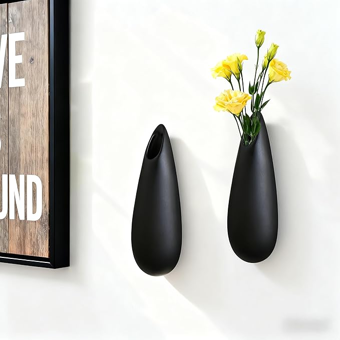 Sculptural Wall Ceramic Vase — 2 Pack Black Hanging Sconce Vase | Turn Flowers into Art — Decorative Ceramic Wall Sconce for Single Stem Displays