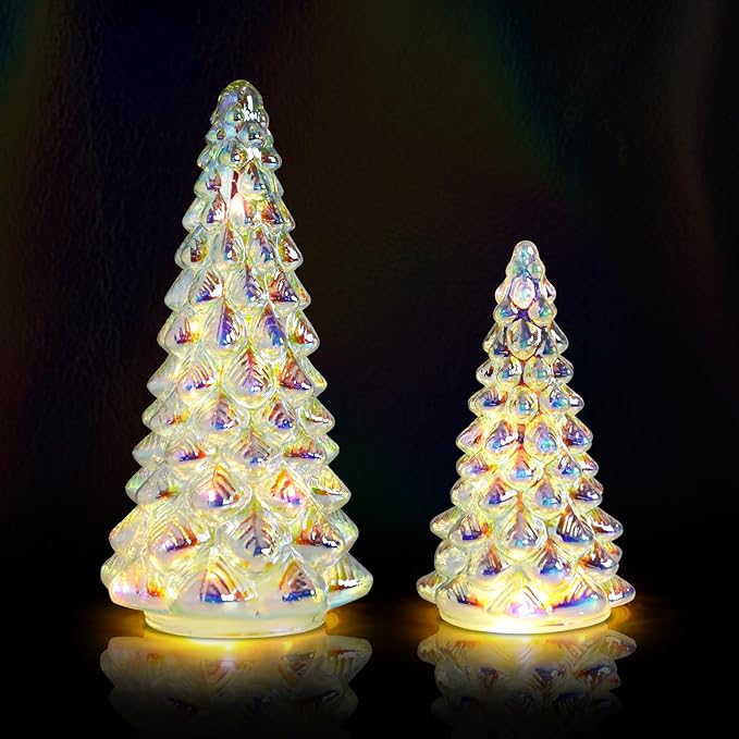 VCUTEKA Small Tabletop Christmas Tree with Light White Mercury Glass Christmas Tree Battery Operated Mini Xmas Tree for Fireplace Bathroom Table Xmas Holiday Decor 8" 12", Set of 2