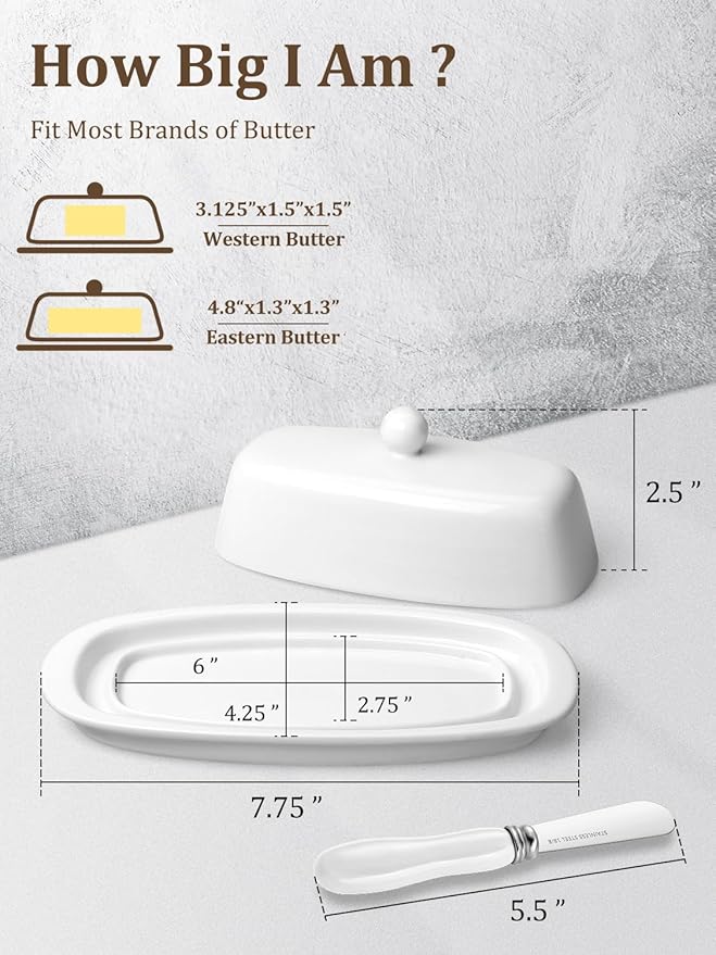 Yedio Ceramic Butter Dish with Lid and Knife for Countertop Refrigerator, 8 Inch White Butter Holder with Porcelain Cover Knob Handle for East West Coast Butter Stick