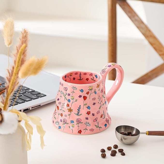 Mkour 16oz Large Ceramic Coffee Mugs, Handmade Big Tea Cups, Floral Design, Wide Bottom with Large Handle for Office and Home, Microwave and Dishwasher Safe (Pink)