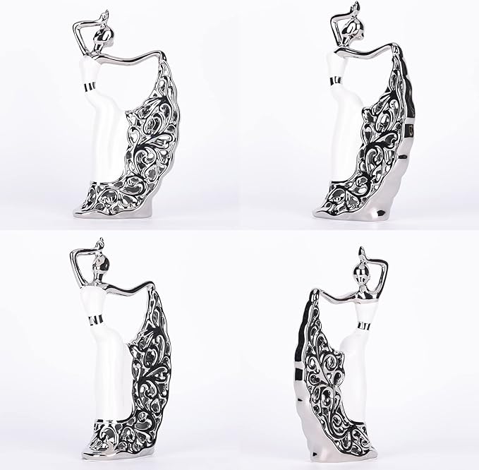 DOVDOV Abstract Ceramic Peacock Dancer Statue, Female Ballerina Decoration, Gold and Silver Home Decor Trinkets for Dance Studio Living Room TV Cabinet Console Dresser Entryway Countertop Decoration