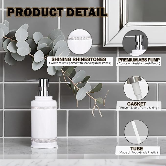 17 OZ Hand Liquid&Lotion Soap Dispenser Pump Bottle Ceramic White for Kitchen Bathroom Countertop Laundry Room Holds Dish Soap Shampoo Laundry Liquid Shower Gel (Inlaid Rhinestone) (White1)