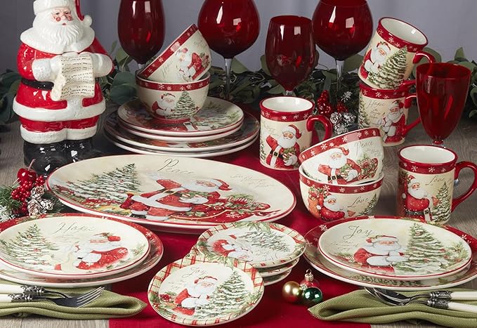 Holiday Wishes Christmas Dinner Plates Set of 4 Vintage Santa Claus Ceramic Plates with Peace Love Joy Hope Festive Holiday Dinnerware for Family Meals & Entertaining