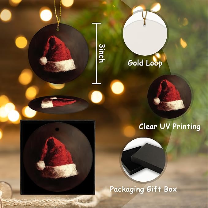 Rustic Christmas Santa Hat Ceramic Ornament Gifts, Winter Dark Moody Christmas Xmas Tree Decorative Hanging Ornaments for Holiday Party Decoration, Winter Xmas Tree Decorations