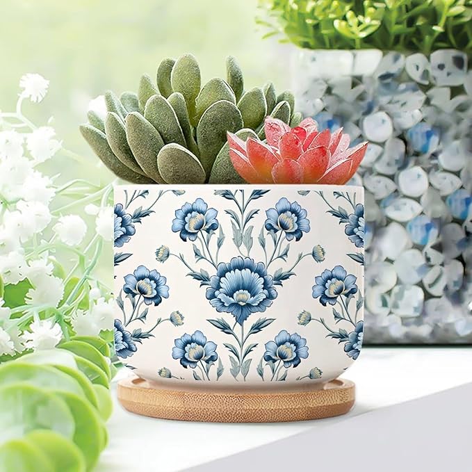 3 Piece Ceramics Planter Mughal Flower Small Pots for Succulents Chinoiserie Blue Floral Cactus Pot for Indoor Asian Scenery Chinoiserie Plant Pot with Drainage Holes
