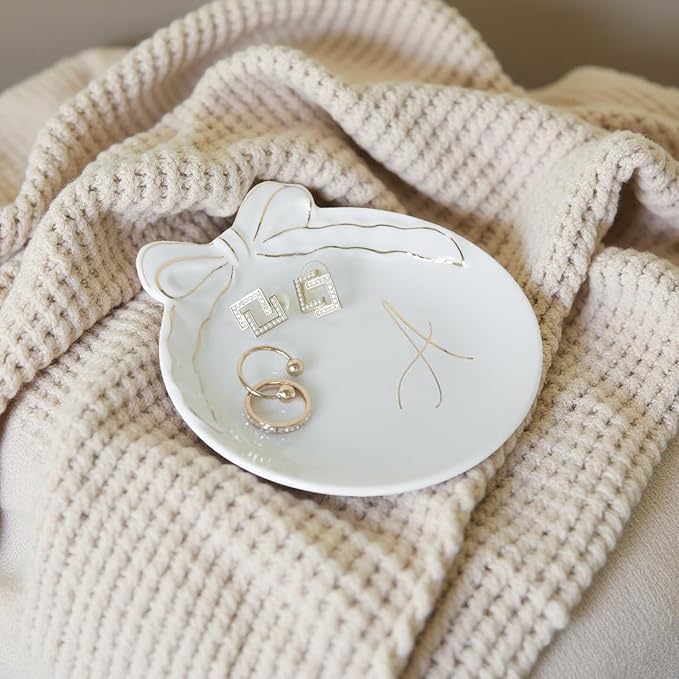 COLLECTIVE HOME Custom Initial Ceramic Jewelry Tray with Bow - Ring Holder & Earring Dish | Christmas Gift Idea for Women, Unique Birthday Present for Her (A)