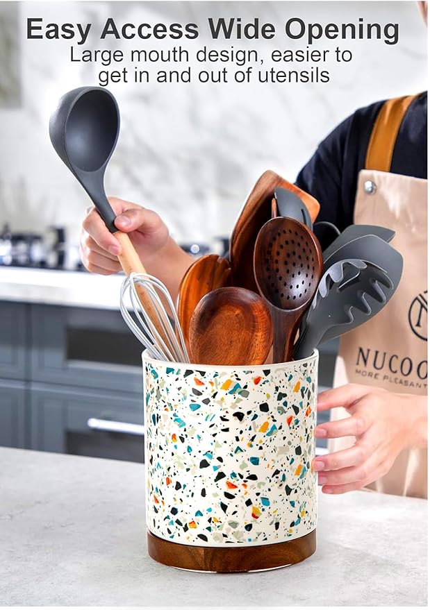 Nucookery 360°Rotating Utensil Holder, 7.2" Kitchen Utensil Crock, Ceramic Cooking Utensil Organizer with Countertop-Protection Cork Bottom for Farmhouse Kitchen Decor Christmas (Marble Pattern)