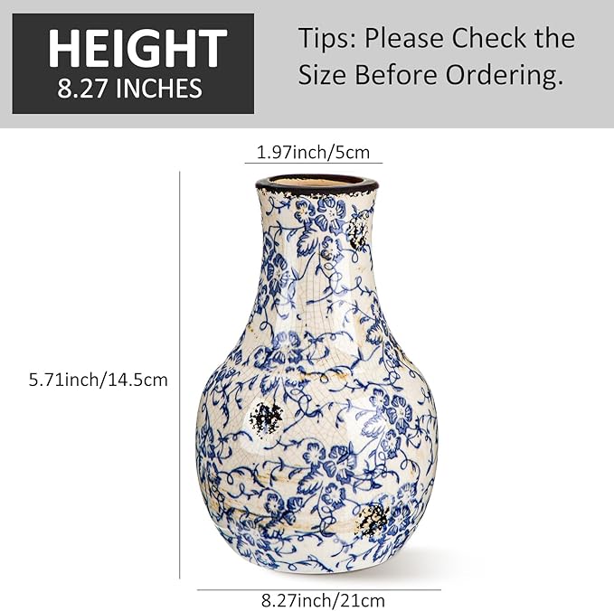 LemonRoad Vintage Ceramic Flower Vase 5.7 Inch Chinoiserie Ice Cracked Glaze Porcelain Vase Rustic Ceramic Large Centerpieces for Home Table Living Room Bookshelf Office(Orchid Style)