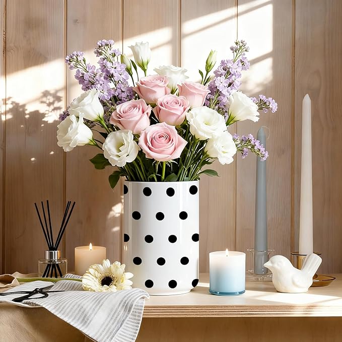 Black polka dot cutlery rack,ceramic spatula rack,countertop ceramic cutlery rack,large cooking utensil jars,countertop decorative vase, kitchen utensil storage jars,6.3 inches + 4.7 inches(polka dot)