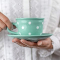 City to Cottage Handmade Teal Blue and White Polka Dot Ceramic 8.4oz/250ml | Cappuccino, Coffee, Tea Cup and Saucer, Unique Designer Pottery Gift for Tea Lovers