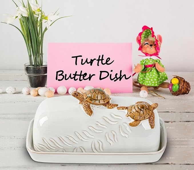 Turtle Stylish Ceramic Butter Dish Covered with Lid and Handle - Modern Countertop Butter Storage