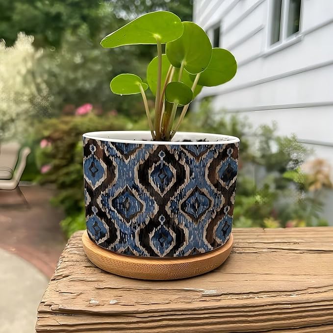 DreamAutumn Indigo Ikat Abstract Blue Ceramic Pots for Plants with Drainage Holes Round Flower Pot Bamboo Tray Orchid Pot Succulents Pots for Outdoor Indoor Plants,Housewarming Gifts