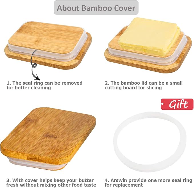 Porcelain Butter Dish with Bamboo Lid, Ceramic Butter Keeper Container for Countertop or Refrigerator, Heat Resistant Kitchen Butter Storage Dish, White (300ml)