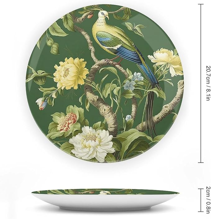 Decorative Plate Pagoda Garden Imperial Green Chinoiserie Peacock Custom Decor for Housewarming Gifts Wedding Club Kitchen Wall Art Hanging Plate Unique Art with Stand, Gifts for Men Women