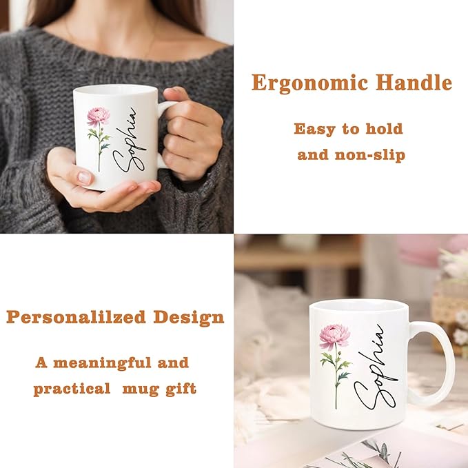 Custom Coffee Mug with Birth Flower & Text, 11oz Ceramic Personalized Mugs for Women, Customized Birthday Gifts for Mom Sister Coworker Best Friend (Flower & Name)